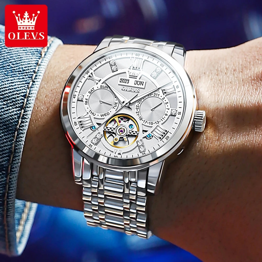 OLEVS Men's Watches Skeketon Flywheel Automatic Mechanical Original Wristwatch for Man Waterproof Luminous Perpetual Calendar