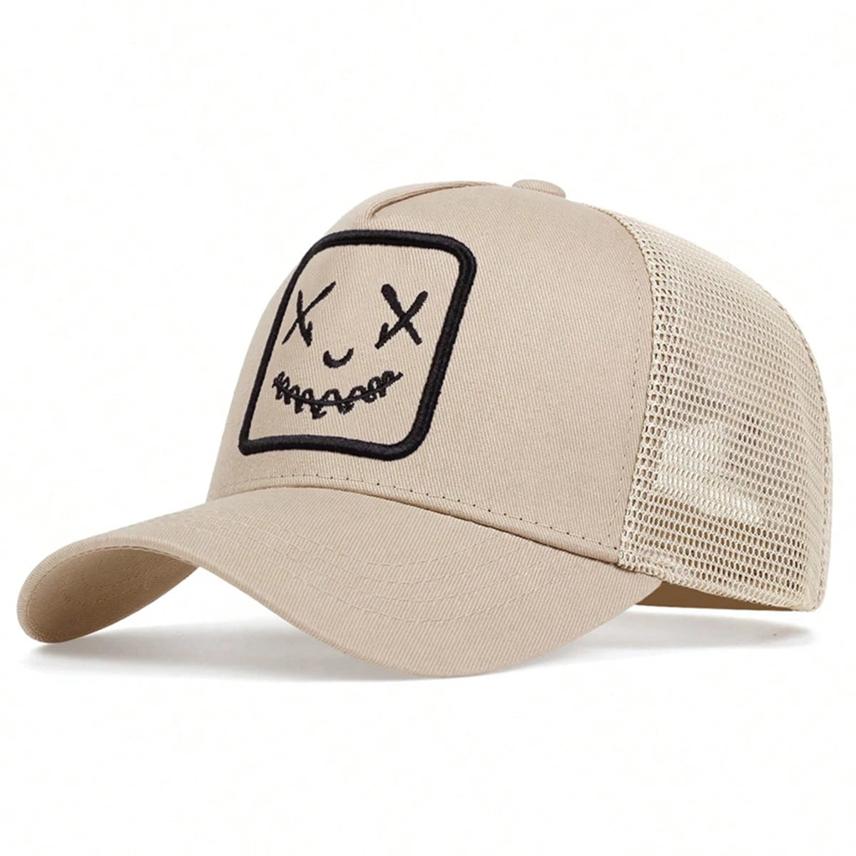 Uomo Donna Cappellini da baseball con ricamo a forma di faccina sorridente in cotone, regolabili con chiusura a scatto, cappellini Hip Hop in rete, cappellini estivi da esterno, cappellini da sole, cappellini da papà