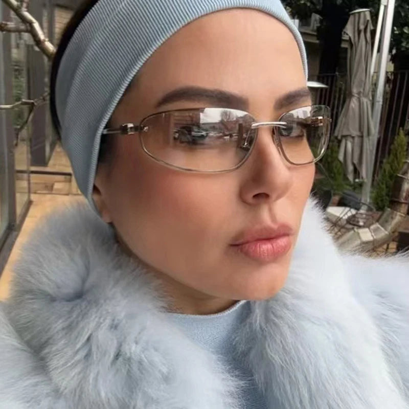 Gradient Oval Frameless Women's Sunglasses High Quality Luxury Brand Y2k Rimless Glasses Women High-end Punk Popular Shades UV