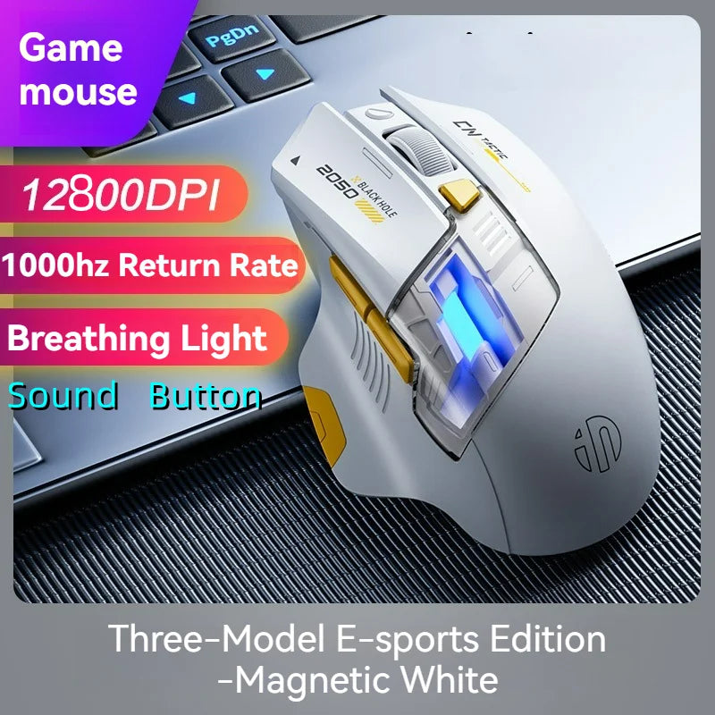 Inphic A9 Pro gamingmus med tre tilstande, farverig lysguide, strømindikator, justerbar DPI, makrodriver, ergonomisk, 12800DPI