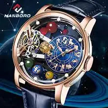 Montre mécanique pour homme HANBORO – Mouvement automatique, alarme, sonnerie horaire, étanche jusqu'à 100 m, verre saphir, boîtier en acier, style élégant et unique.