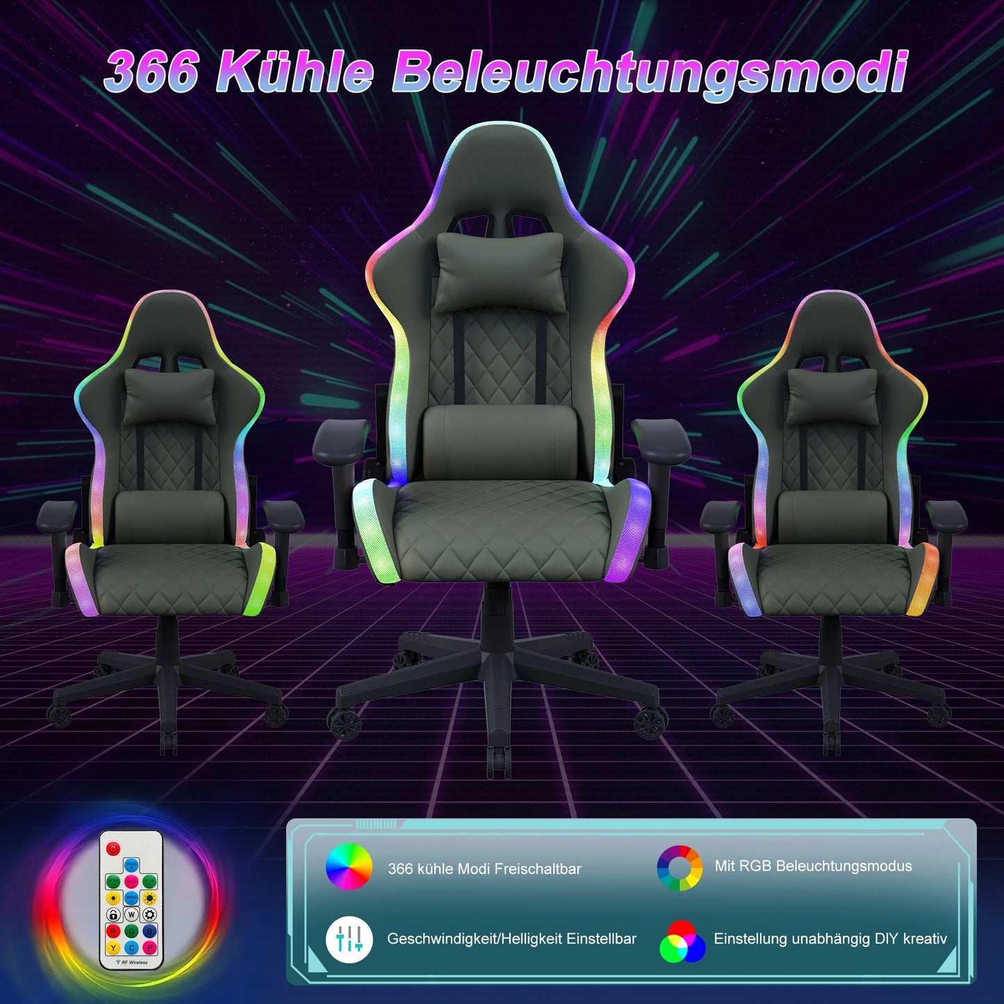 Gaming Chair,Ergonomic Gaming Chair with LED,Adjustable Computer Chair for Teenagers,Lumbar Cushion,Gamer Chair,Black