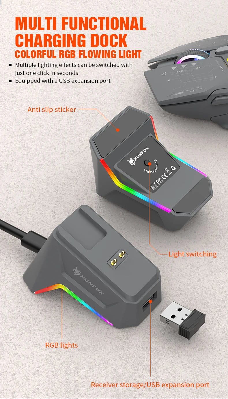 XUNSVFOX H2 trådløs Bluetooth-mus med dual-mode, RGB-lyseffekt, til laptop, gaming og kontor, med magnetisk opladning