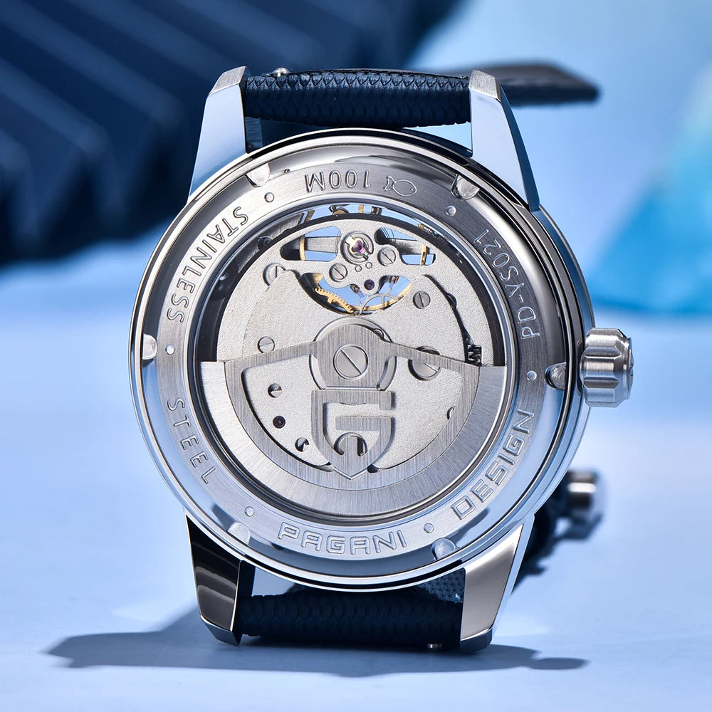 PAGANI DESIGN – Montre mécanique de luxe pour homme, 41 mm, verre saphir, bracelet en cuir, étanche, style pilote, avec tourbillon et phase de lune