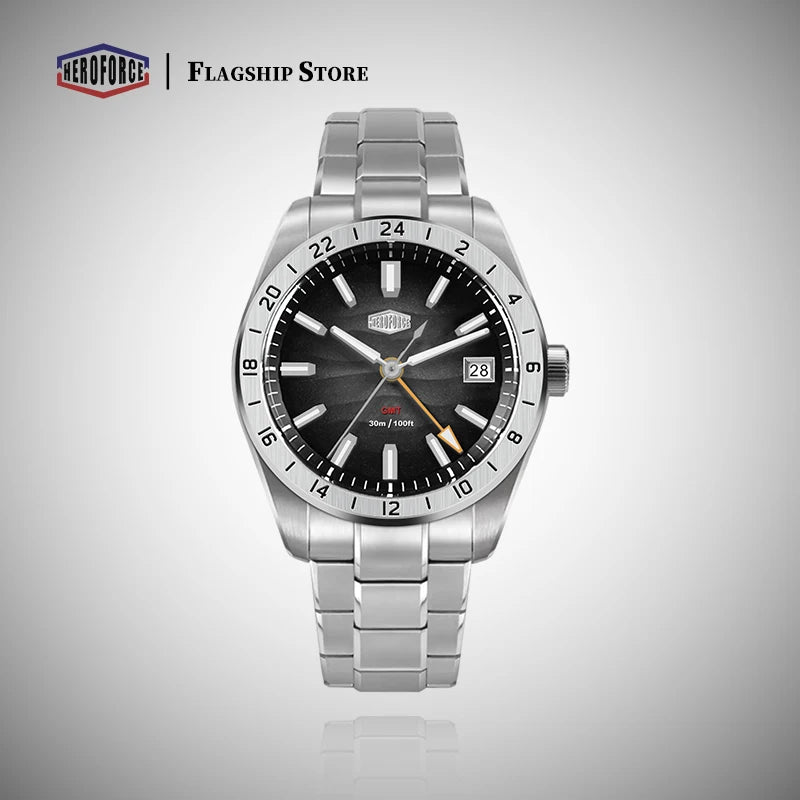 HEROFORCE Business Quartz Watch Men Clock GMT Date Luxury Man Wristwatch Waterproof Luminous Stainless Steel Men's Watches Reloj