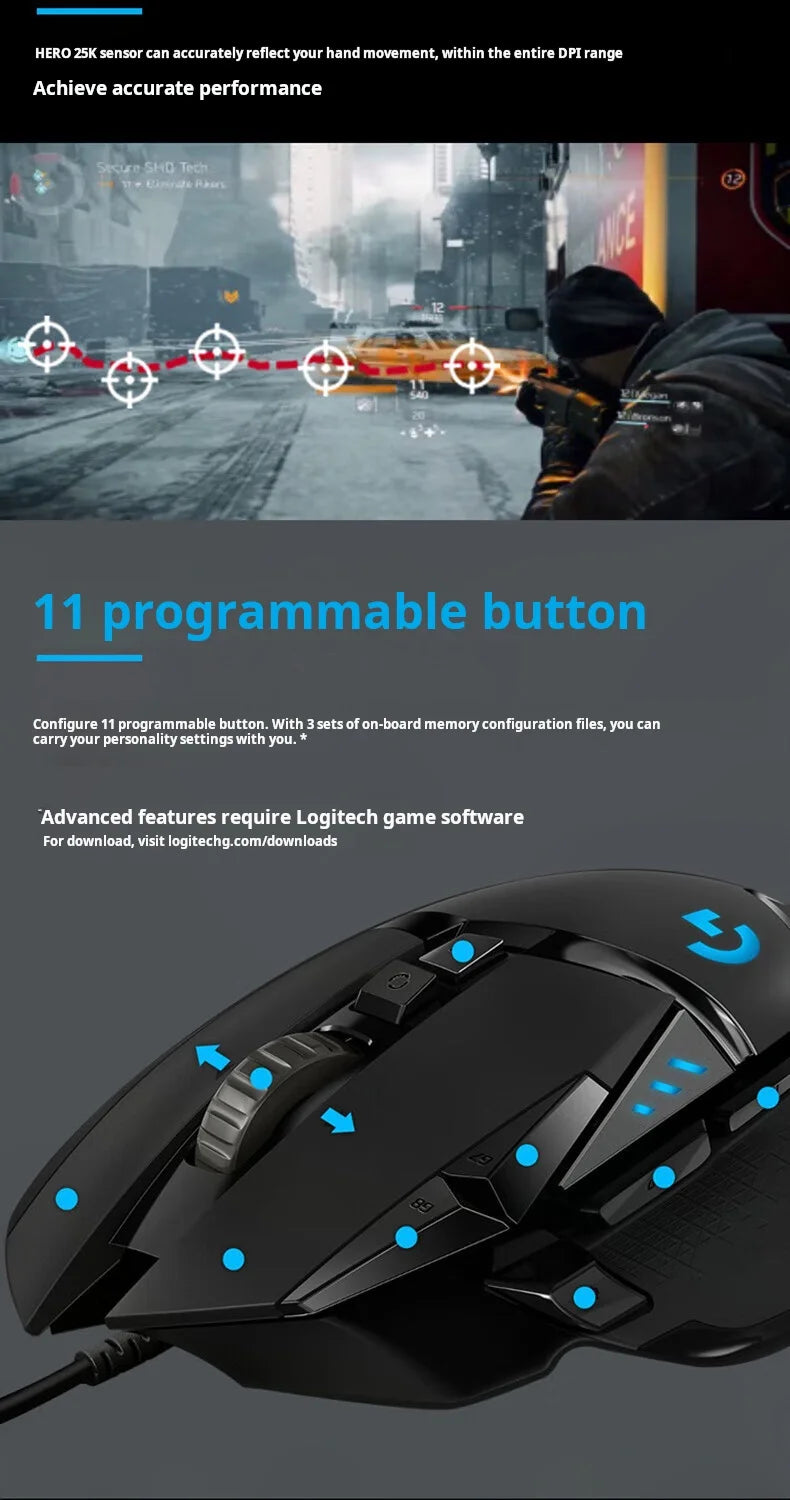 Herní myš Logitech G502 HERO s kabelem, e-sportovní mechanická myš s RGB osvětlením a nastavitelným vyvážením pro „Eat Chicken“, programovatelná makra