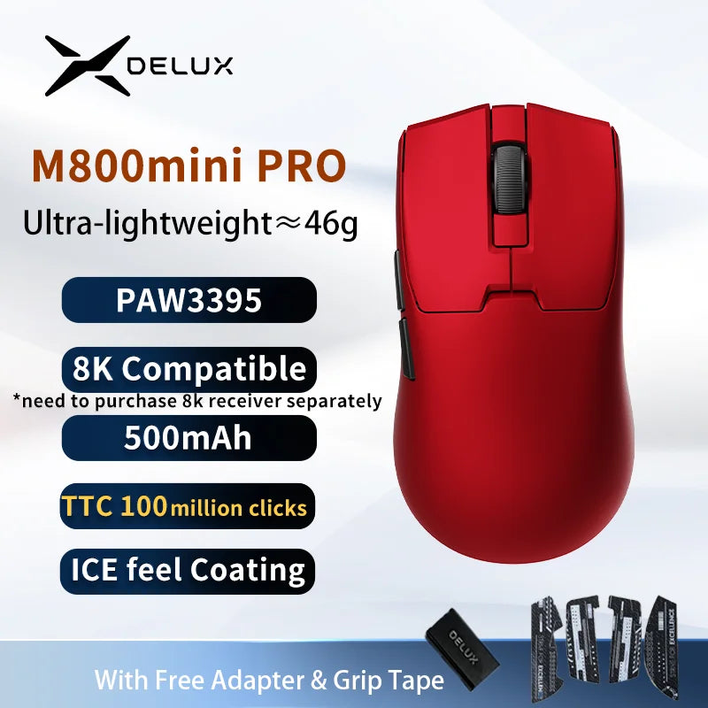 Delux M800mini vezeték nélküli gaming egér, 46g könnyű kivitel, PAW3395/PAW3311, 1KHz lekérdezési frekvencia kis és közepes kezű PC-játékosoknak