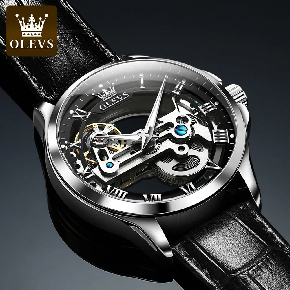 OLEVS Skeleton Automatic Mechanical Watch Men Leather Strap Luminous Waterproof Luxury Business Wristwatch For Man 6661