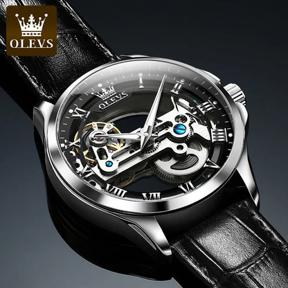 OLEVS Skeleton Automatic Mechanical Watch Men Leather Strap Luminous Waterproof Luxury Business Wristwatch For Man 6661