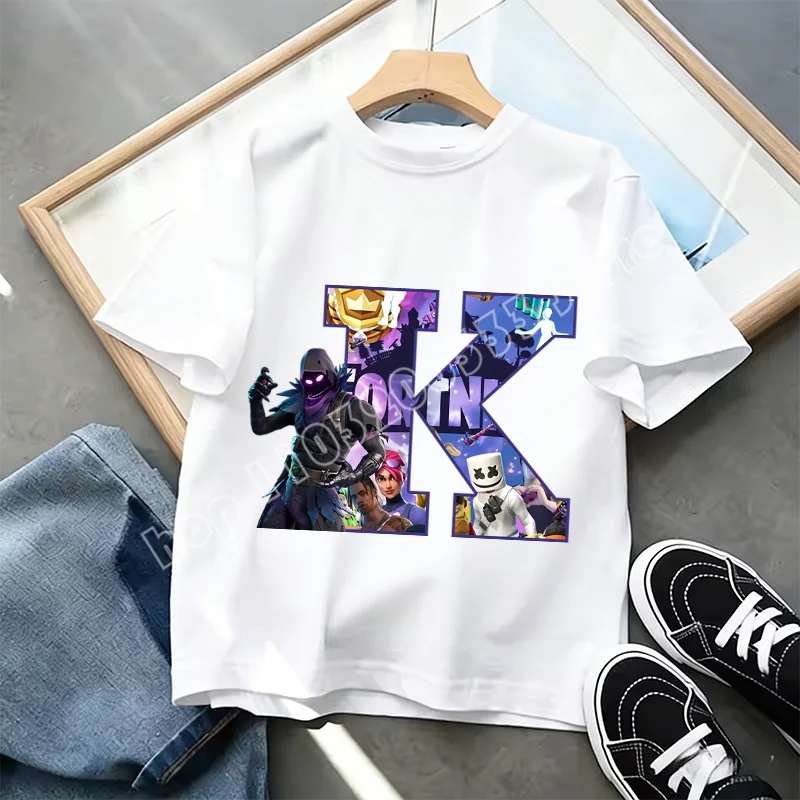 Tricou Fortnite cu imprimeu alfabet A-Z, de vară, pentru copii, alb, îmbrăcăminte cu joc cartoon popular, tricou fashion casual cu mânecă scurtă, cadou