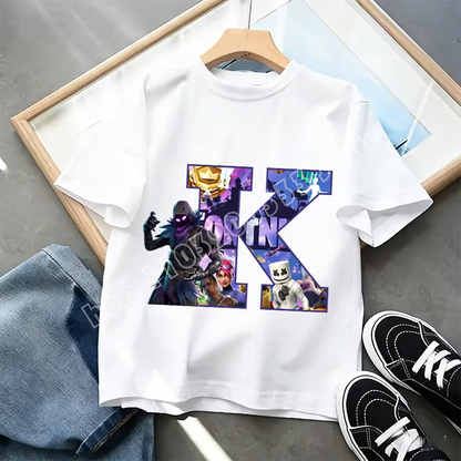 Tricou Fortnite cu imprimeu alfabet A-Z, de vară, pentru copii, alb, îmbrăcăminte cu joc cartoon popular, tricou fashion casual cu mânecă scurtă, cadou