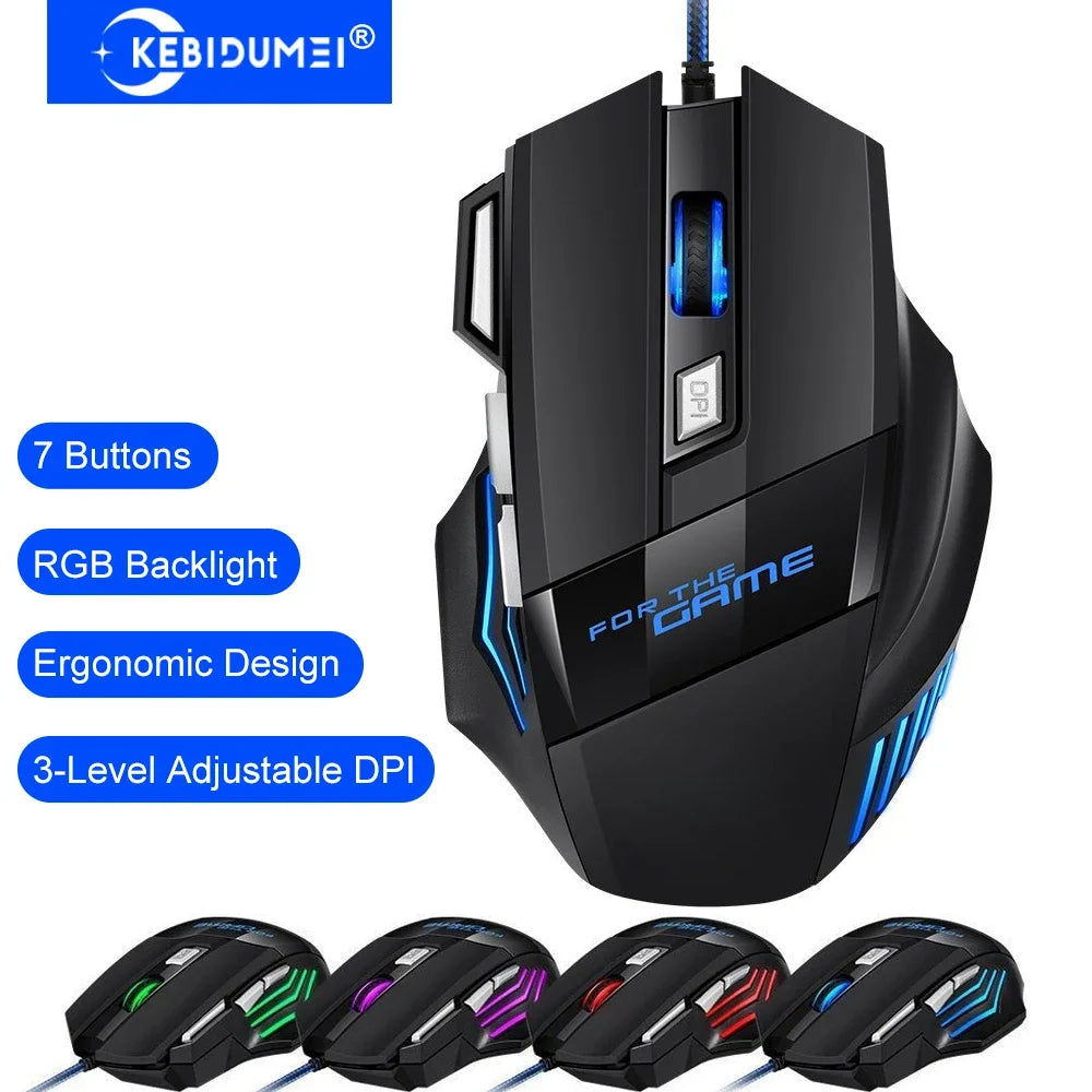 KEBIDUMEI trådbunden gamingmus med 7 knappar, RGB-bakgrundsbelysning, ergonomisk USB-mus, 2400 DPI, 3 DPI-nivåer, för PC, laptop, Windows och Mac OS