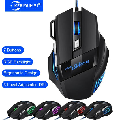 KEBIDUMEI trådbunden gamingmus med 7 knappar, RGB-bakgrundsbelysning, ergonomisk USB-mus, 2400 DPI, 3 DPI-nivåer, för PC, laptop, Windows och Mac OS