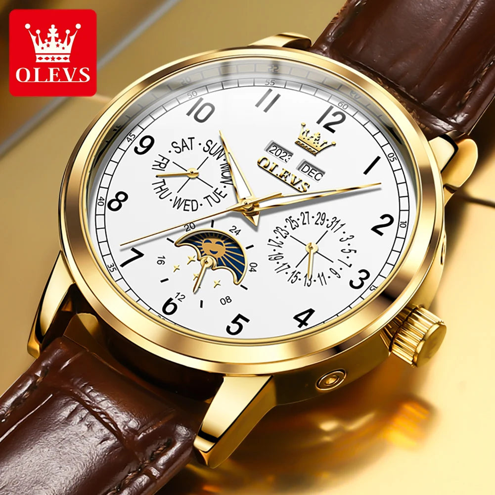 OLEVS 6698 Mens Watch Luxury Dress Brand Moon Phase Automatic Mechanical Watch For Men Leather  Waterproof Dual Calendar Watch