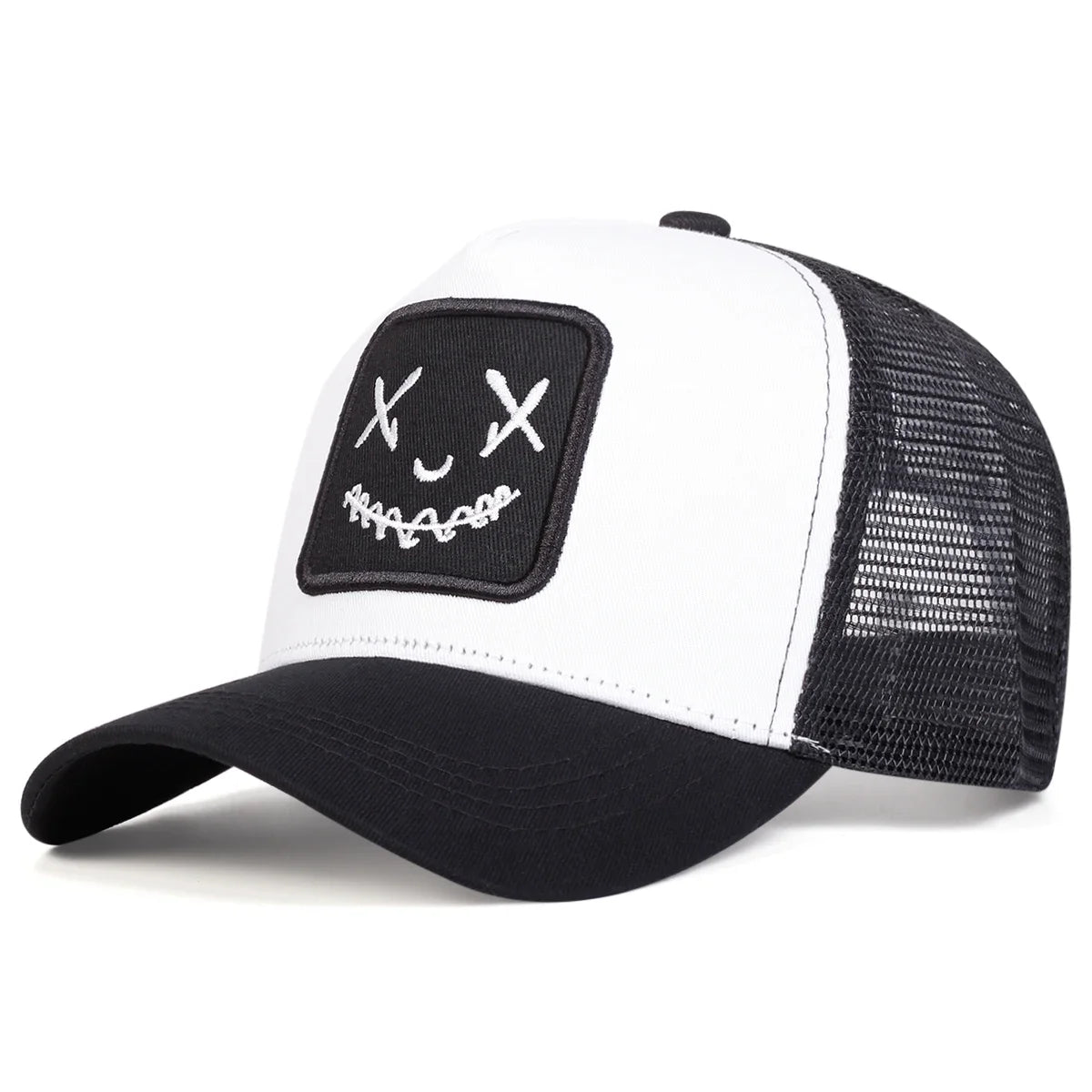 Uomo Donna Cappellini da baseball con ricamo a forma di faccina sorridente in cotone, regolabili con chiusura a scatto, cappellini Hip Hop in rete, cappellini estivi da esterno, cappellini da sole, cappellini da papà