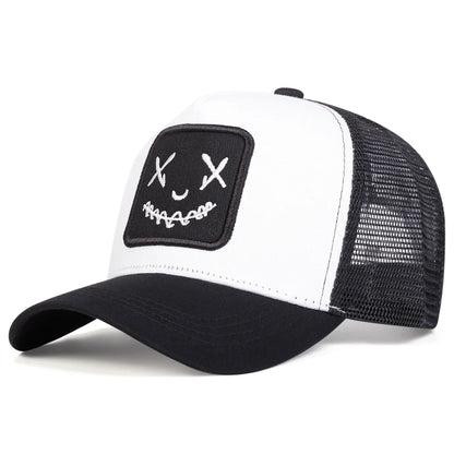 Uomo Donna Cappellini da baseball con ricamo a forma di faccina sorridente in cotone, regolabili con chiusura a scatto, cappellini Hip Hop in rete, cappellini estivi da esterno, cappellini da sole, cappellini da papà