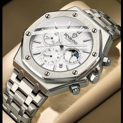 BINBOND 0161 Brand Man Quartz Watch Luxury Luminous Chronograph Wristwatch Stainless Steel Waterproof Men Date Calendar Clock