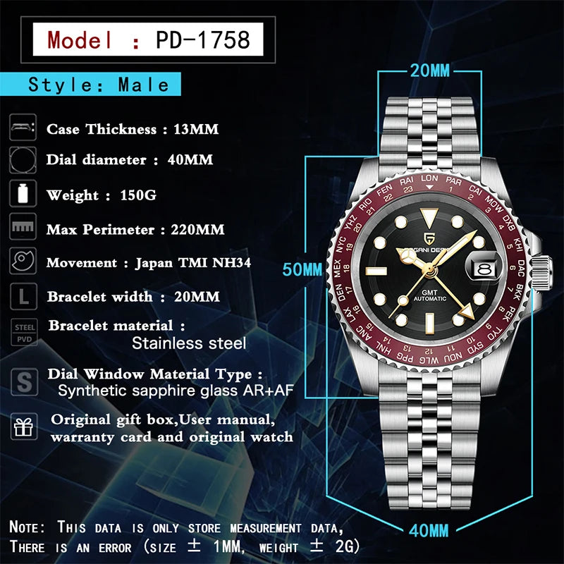 PAGANI DESIGN V4 40MM GMT NH34 Luxury Men's Watches Top Fashion Automatic Mechanical Watches for Men Sapphire Waterproof Clock