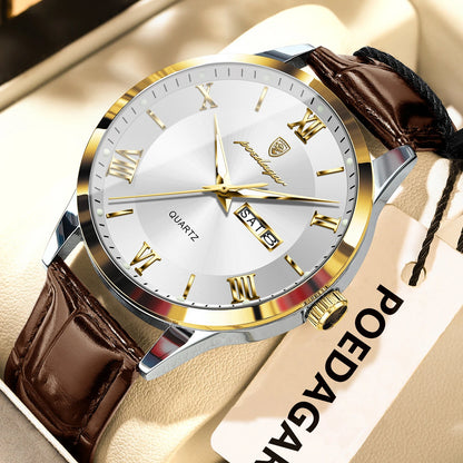 Trendy POEDAGAR men’s watch, leather strap, date and day display, luxury quartz watch, water-resistant, luminous, casual business style.