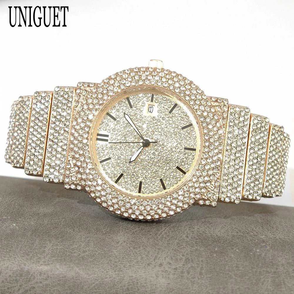 2025 UNIGUET Men's Fashion Iced Watches Luxury Hip Hop Full Diamond Jewelry Quartz Waterproof Business Wrist Watch for Men New