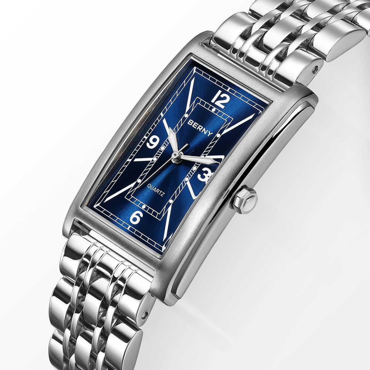 Montre carrée pour homme BERNY – Mouvement à quartz, cadran à chiffres romains, affichage luminescent, boîtier en acier inoxydable 316L – Montre rectangulaire élégante et décontractée