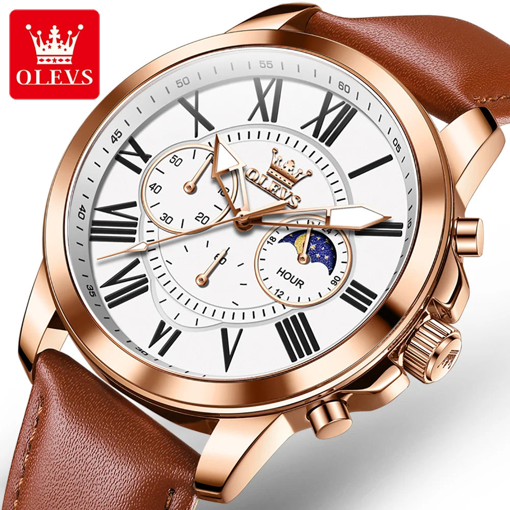 OLEVS 3632 Men Watch Elegant Luxury Sport Quartz Watch Scale Waterproof Luminous Automatic Date Moon Belt Watch Gifts Original