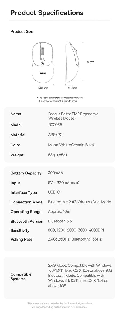 【NOVINKA】Baseus EM2 ergonomická bezdrátová myš Bluetooth 5.3 2.4G nabíjení Type-C ultralehká tichá myš s přizpůsobitelným tlačítkem