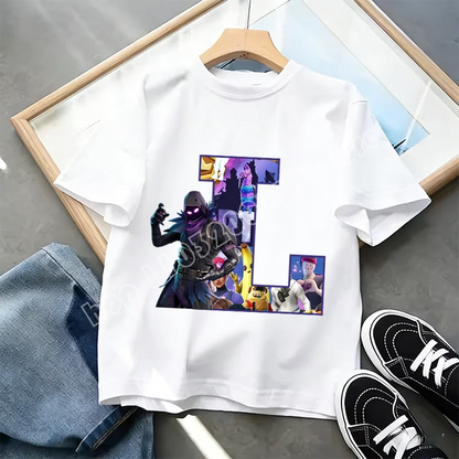 Tricou Fortnite cu imprimeu alfabet A-Z, de vară, pentru copii, alb, îmbrăcăminte cu joc cartoon popular, tricou fashion casual cu mânecă scurtă, cadou