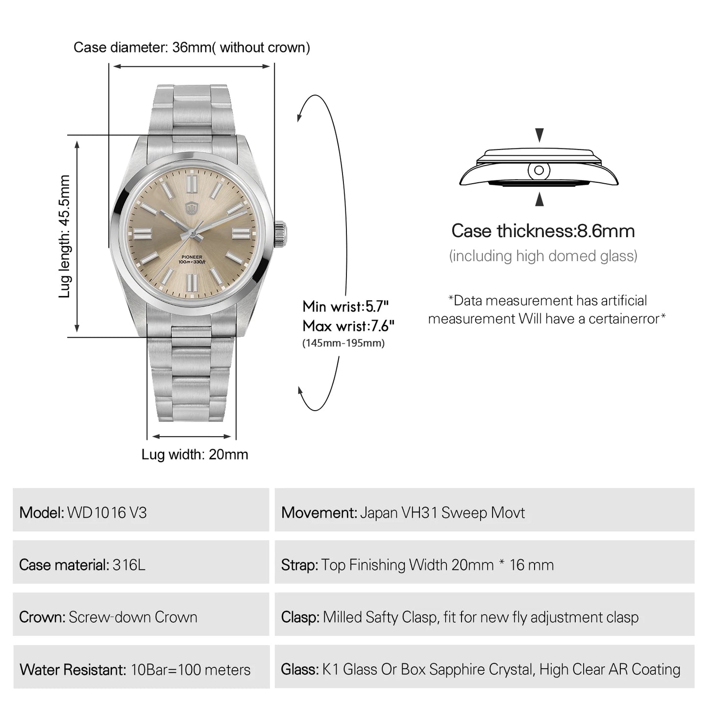 Watchdives WD1016 V3 Quartz Watch 37mm Stainless Steel Case Sapphire Vintage Watch  VH31 Sweep Movemet 100m Waterproof Men Watch
