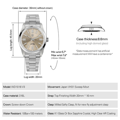Watchdives WD1016 V3 Quartz Watch 37mm Stainless Steel Case Sapphire Vintage Watch  VH31 Sweep Movemet 100m Waterproof Men Watch