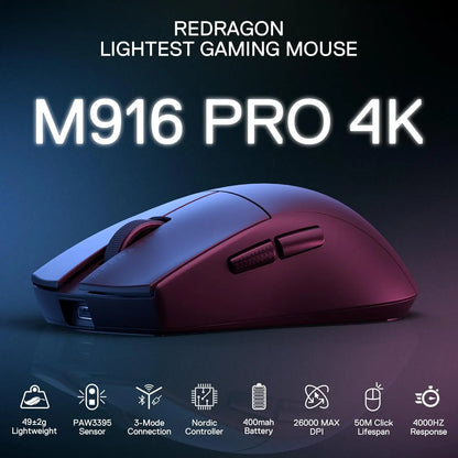 Redragon M916 PRO 3 módú vezeték nélküli gamer egér, Hype-Speed 4K lekérdezési frekvencia, 49 g ultrakönnyű, 26K DPI-s gamer egér