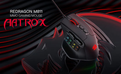 Herní myš Redragon M811 Aatrox MMO, kabelová RGB myš pro hráče s 15 programovatelnými tlačítky a ergonomickým přirozeným úchopem
