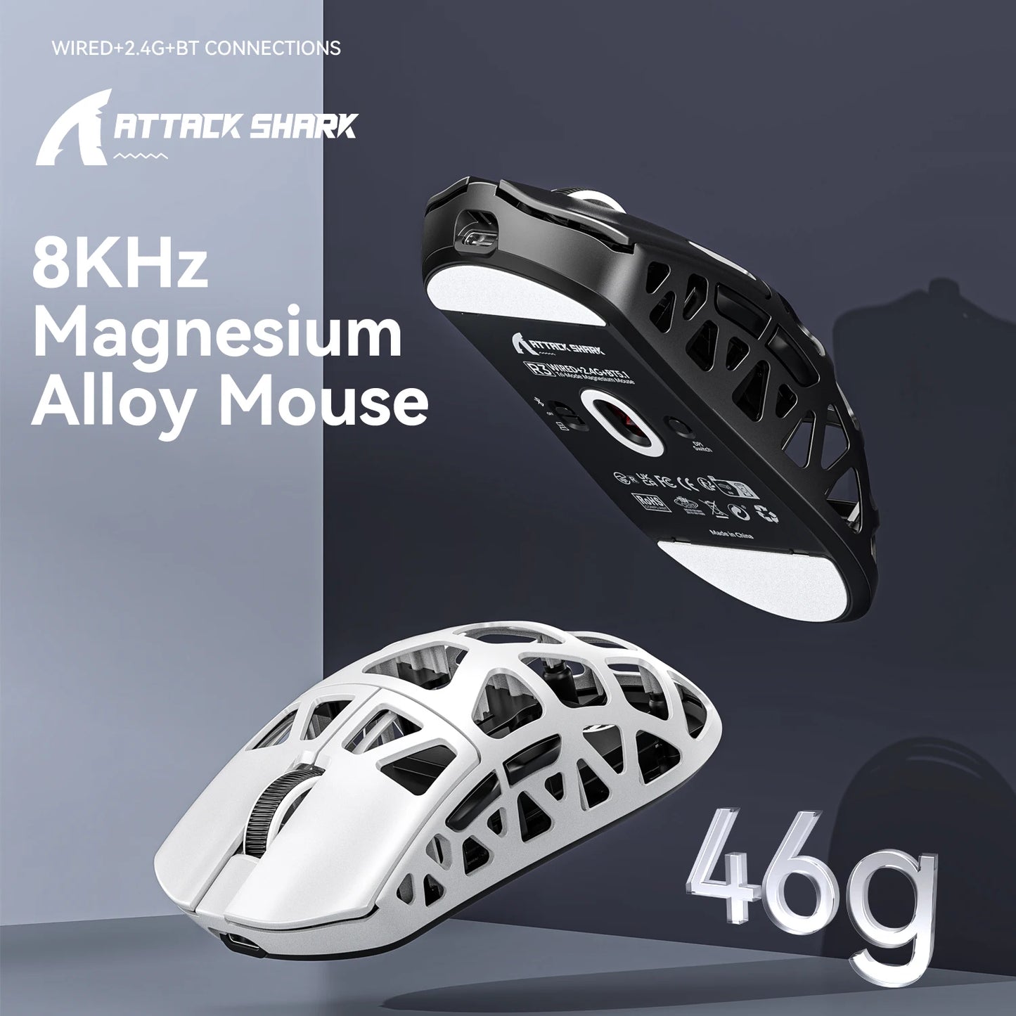 ATTACK SHARK R3 -pelihiiri, magnesiumseoksesta valmistettu hunajakennorakenne, ultrakevyt 8K Hz, PAW3395-sensori, 26000 DPI, ergonominen kuori