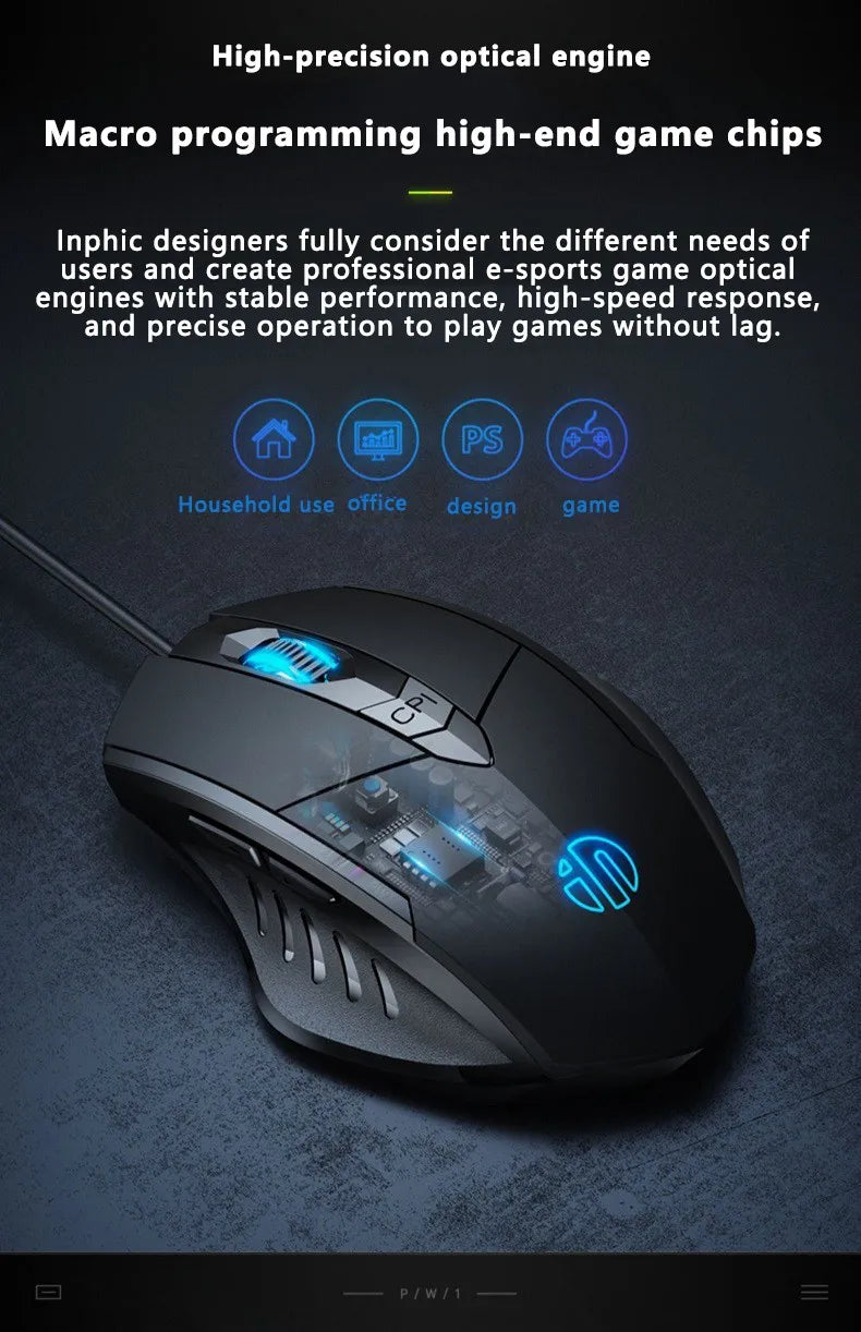 Кабелна мишка Inphic W1 Esports Gaming Mouse, безшумна офис мишка, опция с три или шест бутона