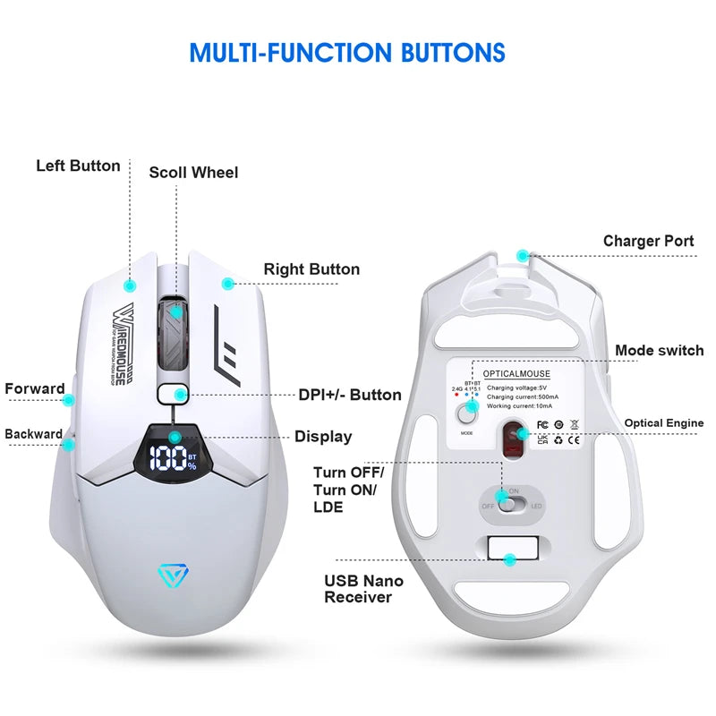 Dvourežimová bezdrátová Bluetooth myš se smart displejem, tichým nabíjením, pro kancelář, gaming, tablet, přenosná univerzální myš