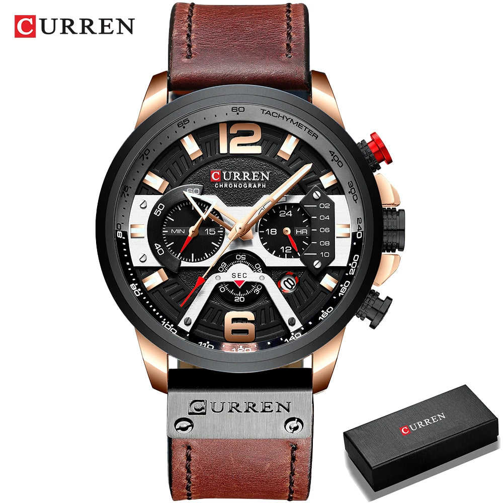 Relógio para homem CURREN 8329 – Estilo desportivo descontraído, design militar, bracelete em pele, cronógrafo na moda, relógio de luxo de grande marca