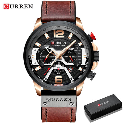 Relógio para homem CURREN 8329 – Estilo desportivo descontraído, design militar, bracelete em pele, cronógrafo na moda, relógio de luxo de grande marca