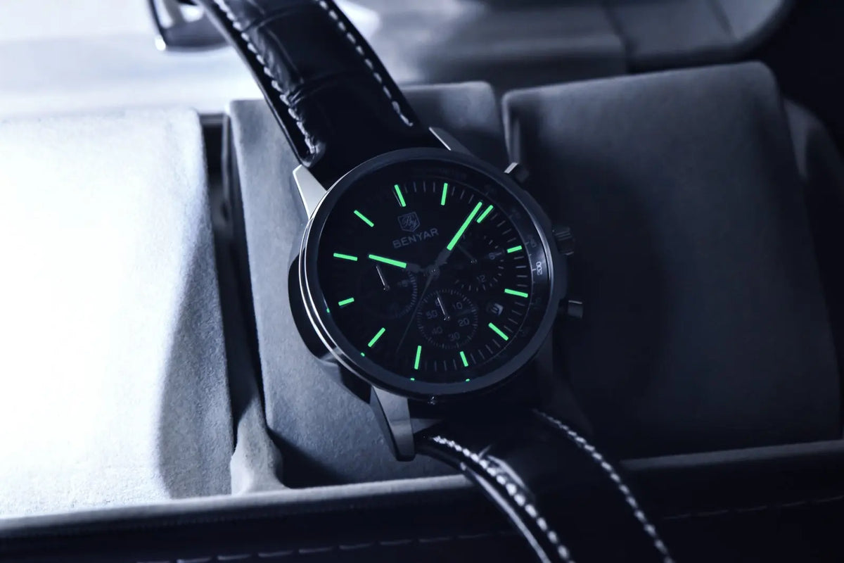 Relógio de luxo para homem Benyar – Cronógrafo com data, bracelete em pele, estanque, luminescente, estilo desportivo e militar, relógio de quartzo