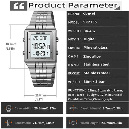 Skmei Luxury Digital Watches for Mens LED Waterproof Date Week Display Chronograph Fashion Dual Time Zones Bracelet Steel Watch