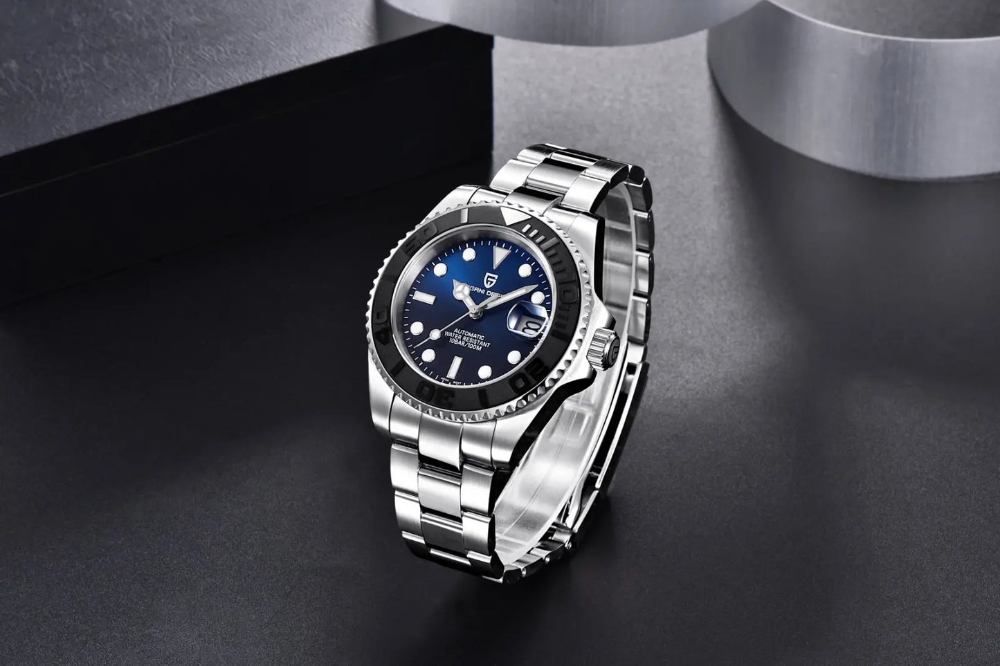 PAGANI DESIGN Automatic Watch Rose Gold Diver Watch 100M Waterproof Luxury Sport Wristwatch Black Rubber Strap Relogio Masculino
