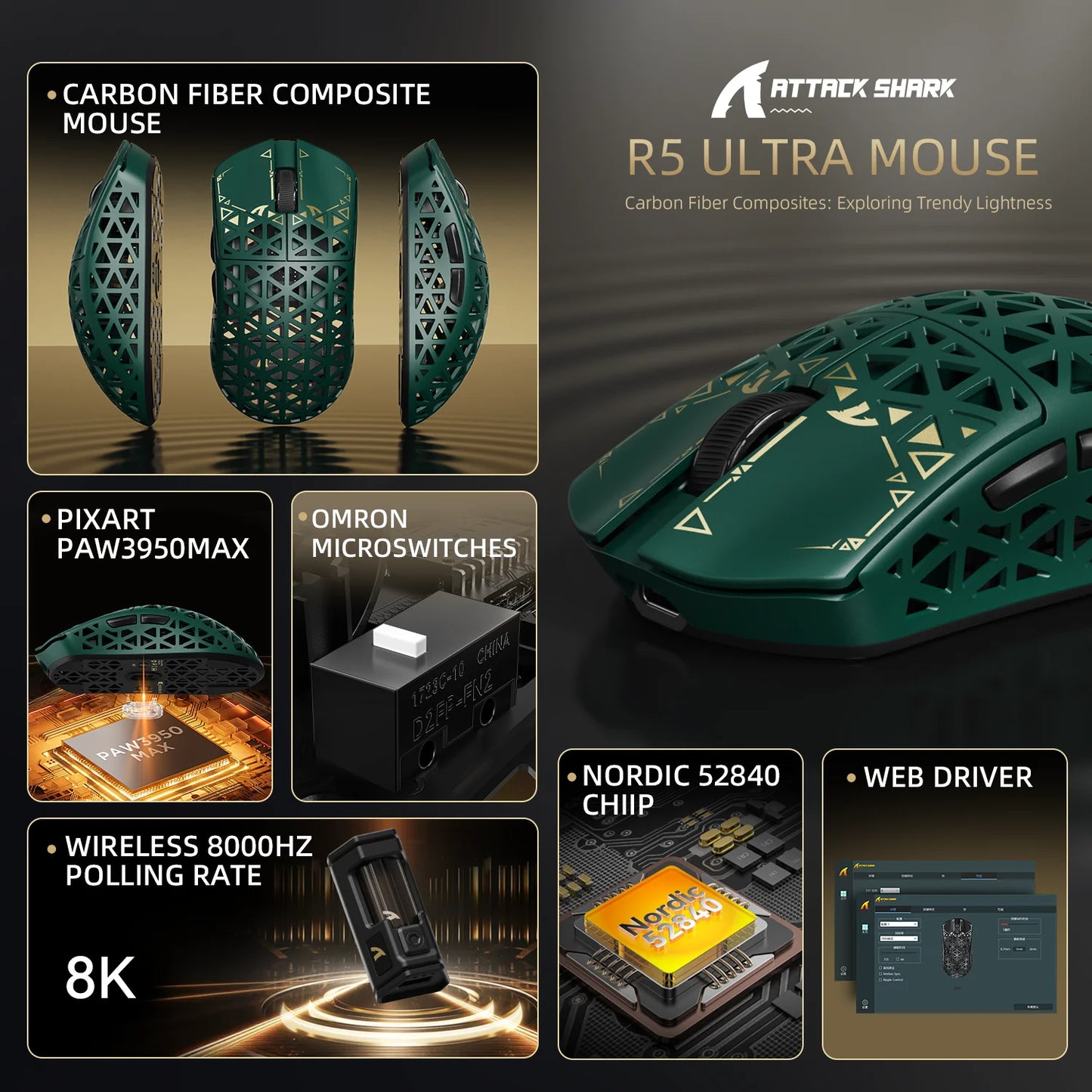ATTACK SHARK R5 Ultra Carbon Fiber Wireless Gaming Mouse, PixArt PAW3950MAX Gaming Sensor, 42000DPI, 8000Hz, MCU Nordic 52840