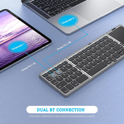 Dual Bluetooth 5.1 Keyboard 3-Folding Mini Keyboard Rechargeable Foldable Keyboard with Touchpad for Windows Android IOS iPad
