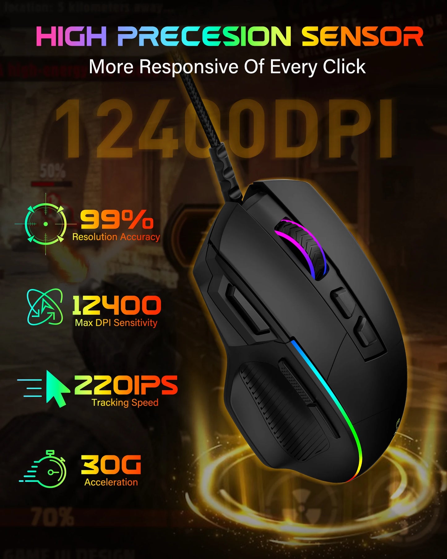 Drátová herní myš E-YOOSO X49, nastavitelných 12400 DPI, RGB podsvícení, 8 programovatelných tlačítek, ergonomická myš pro hráče na PC a notebook