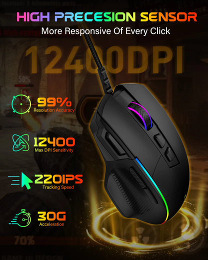 Drátová herní myš E-YOOSO X49, nastavitelných 12400 DPI, RGB podsvícení, 8 programovatelných tlačítek, ergonomická myš pro hráče na PC a notebook