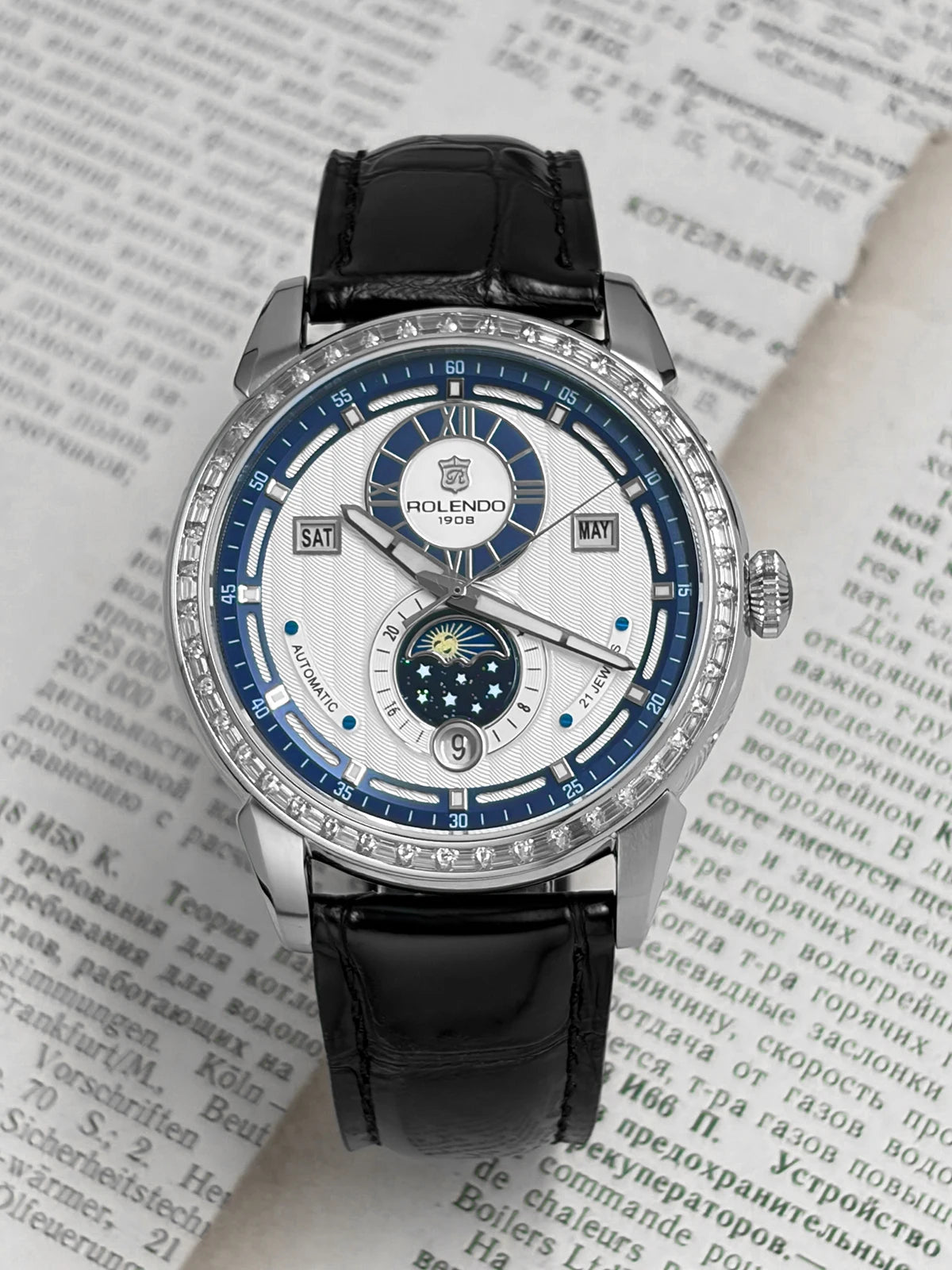 ROLENDO 1908 Men Automatic Mechanical Watch Diamond Luminous Leather Strap Waterproof Business Luxury Wristwatch For Male Gift