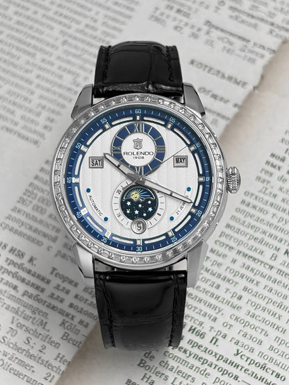 ROLENDO 1908 Men Automatic Mechanical Watch Diamond Luminous Leather Strap Waterproof Business Luxury Wristwatch For Male Gift