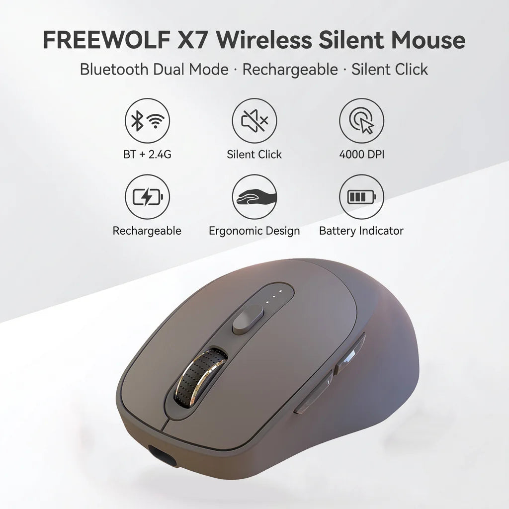 Bezdrôtová myš FREEWOLF X7 Bluetooth 2.4G, dvojrežimová, tichá, nabíjateľná, 4000DPI, indikátor batérie, ergonomická, pre PC, Mac a notebooky