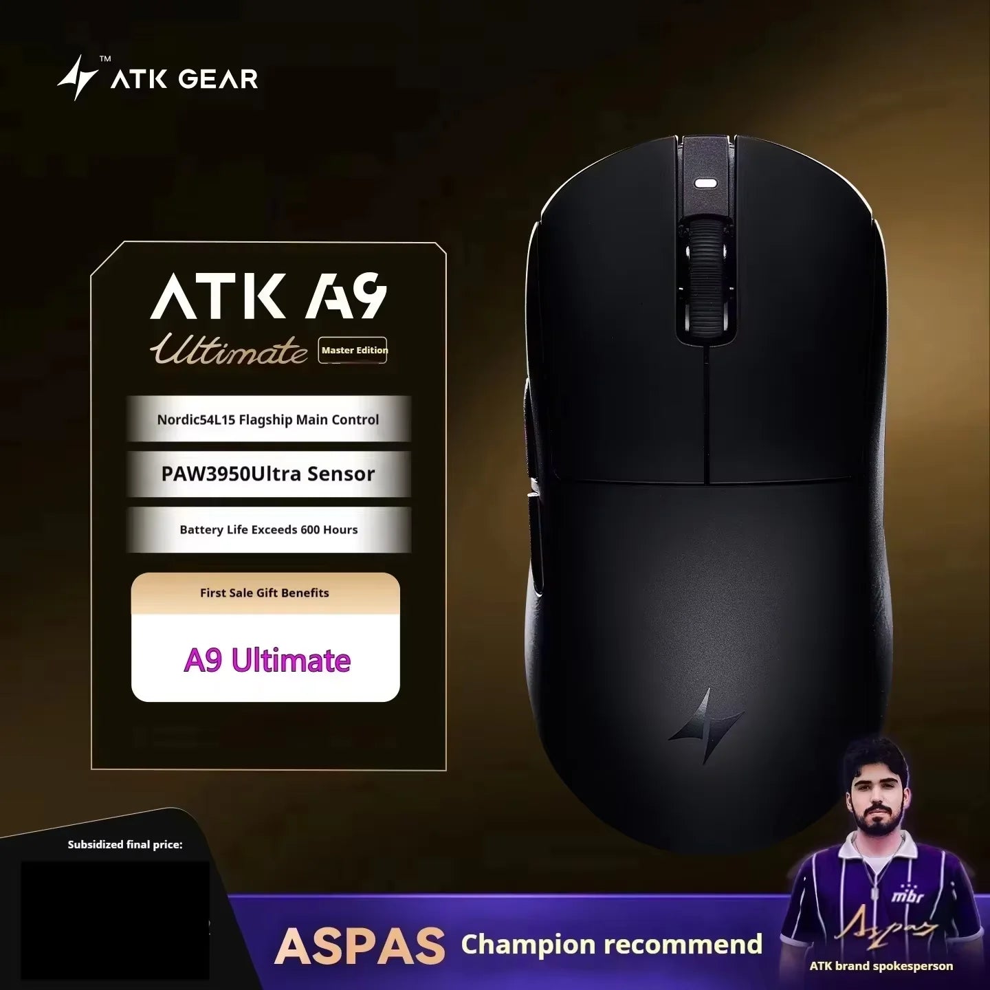 Bezdrátová herní myš ATK A9 s technologií NearLink, ergonomická, PAW3395, třírežimové Bluetooth, nízká latence, e-sportovní myš pro PC
