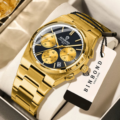 BINBOND relógio de quartzo preciso para homem, robusto, com data automática, cronógrafo, luminiscente, à prova de água, relógio de luxo para homem, estilo casual Reloj