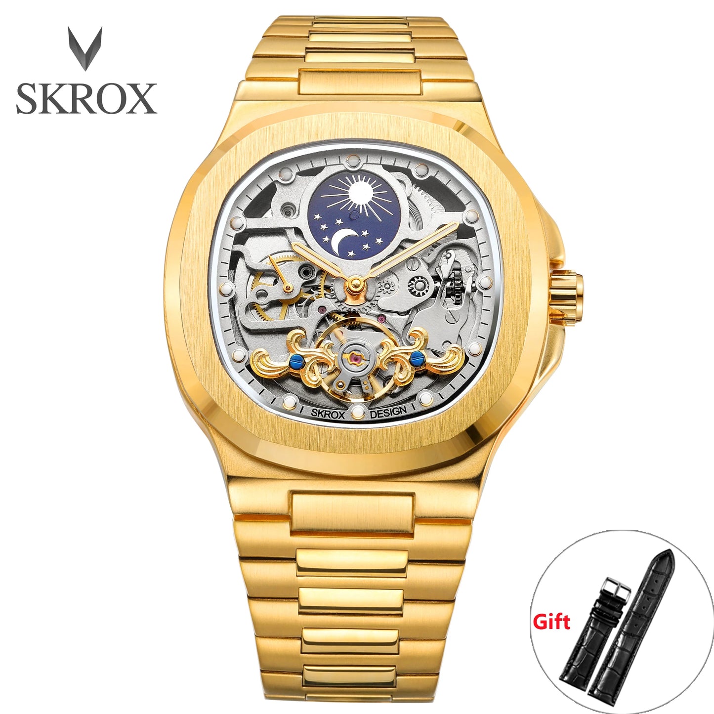 2026 High-end Luxury SKROX Square Man Watch Sapphire Stainless Steel Skeleton Moon Phase Classic Automatic Movement Male Watches